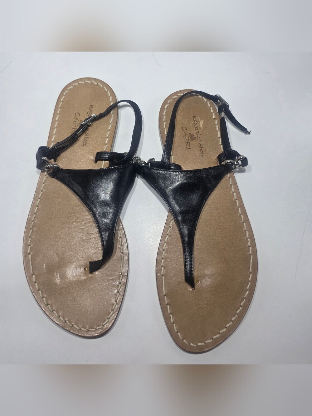 Ragazzino Shoes Capri Black Leather Thong Sandals Women's Size 38 Made in Italy - Picture 2 of 3